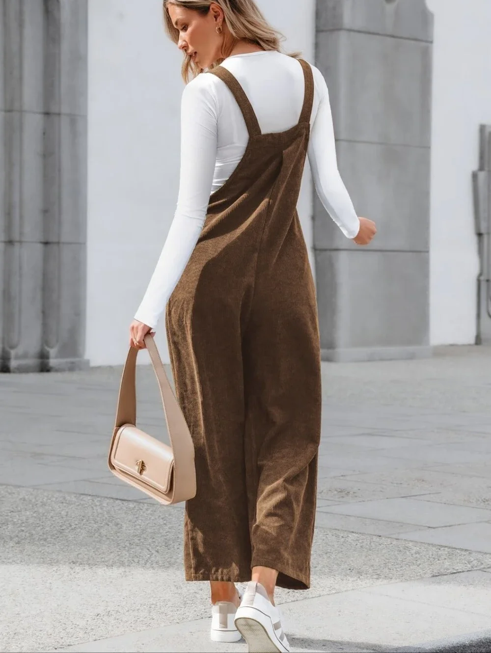 Wide-Leg Corduroy Overalls Jumpsuit in Brown Small - Picture 2 of 3